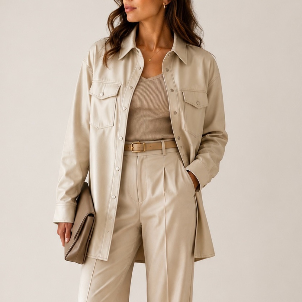 NWT Zara Belted Faux Leather Shirt Jacket in Soft Beige Sz S